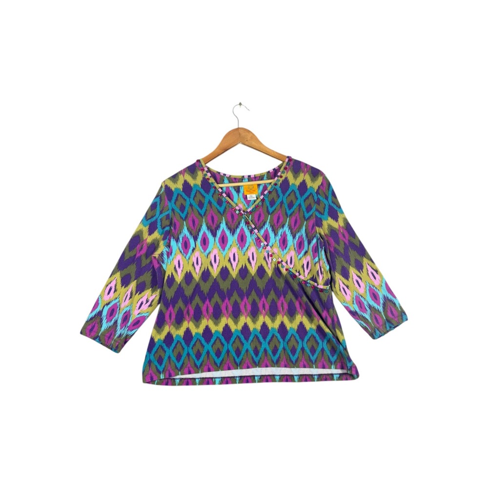 Ruby Rd Petite Womens PXL Ikat Diamond Faux Wrap VNeck 3/4 Sleeve Top Multicolor